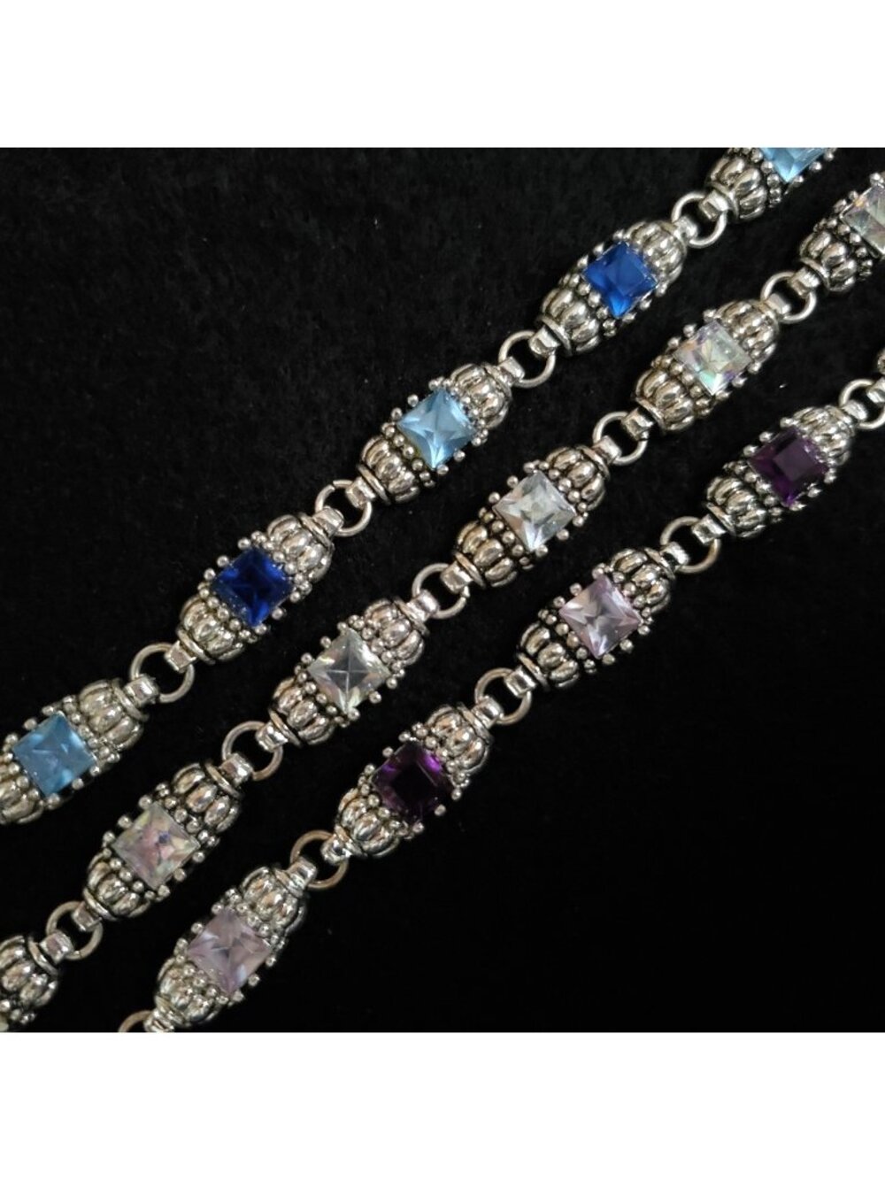 Silver Tone Rhinestone Bracelet Blue Purple Clear AB 7" Lot of 3